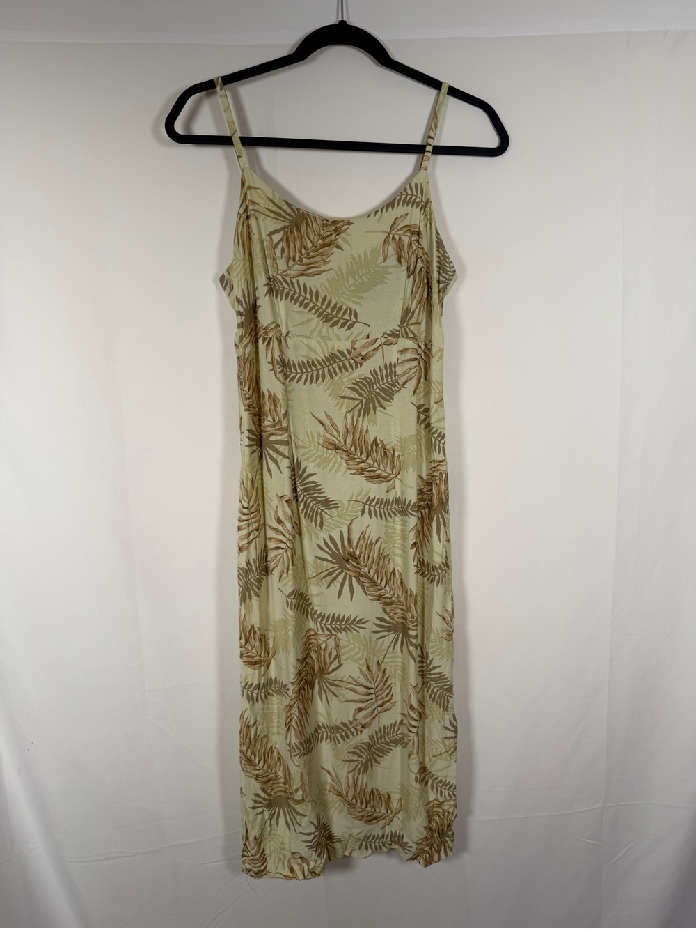 Vintage Hawaiian‎ Moon Resortwear Sage Green Midi Slip Dress Brown Leaf Print